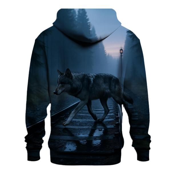 Timber Wolf Crossing Railway At Dawn graphic hoodies