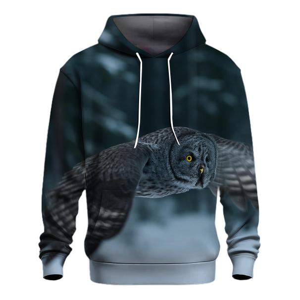 Great Gray Owl Over Boreal Clearing designer hoodies