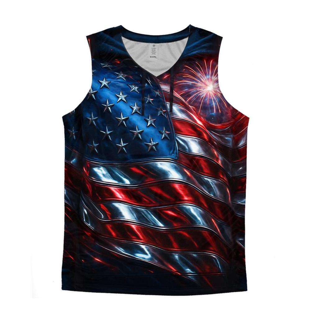 Fireworks Over Waving Chrome Flag sports performance tank tops