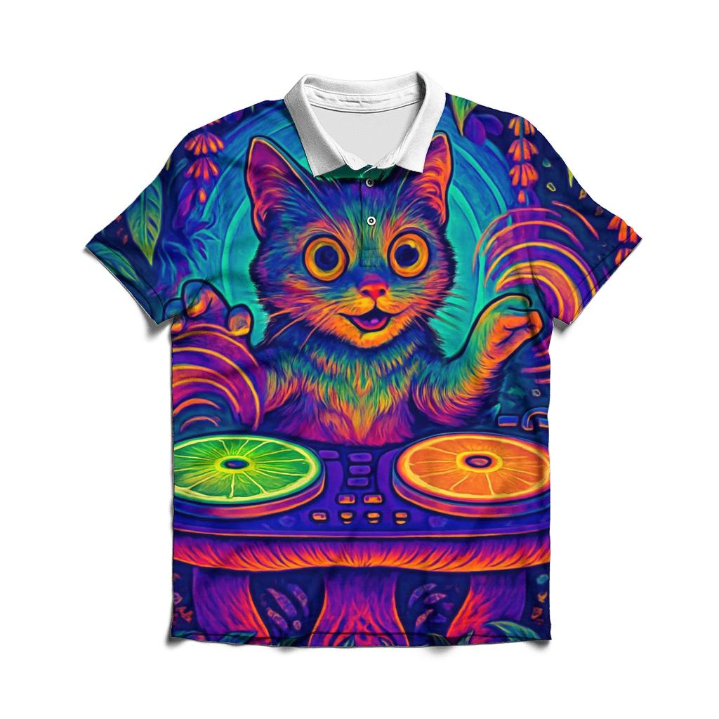 Psychedelic Jungle DJ Cat embroidered polo tops