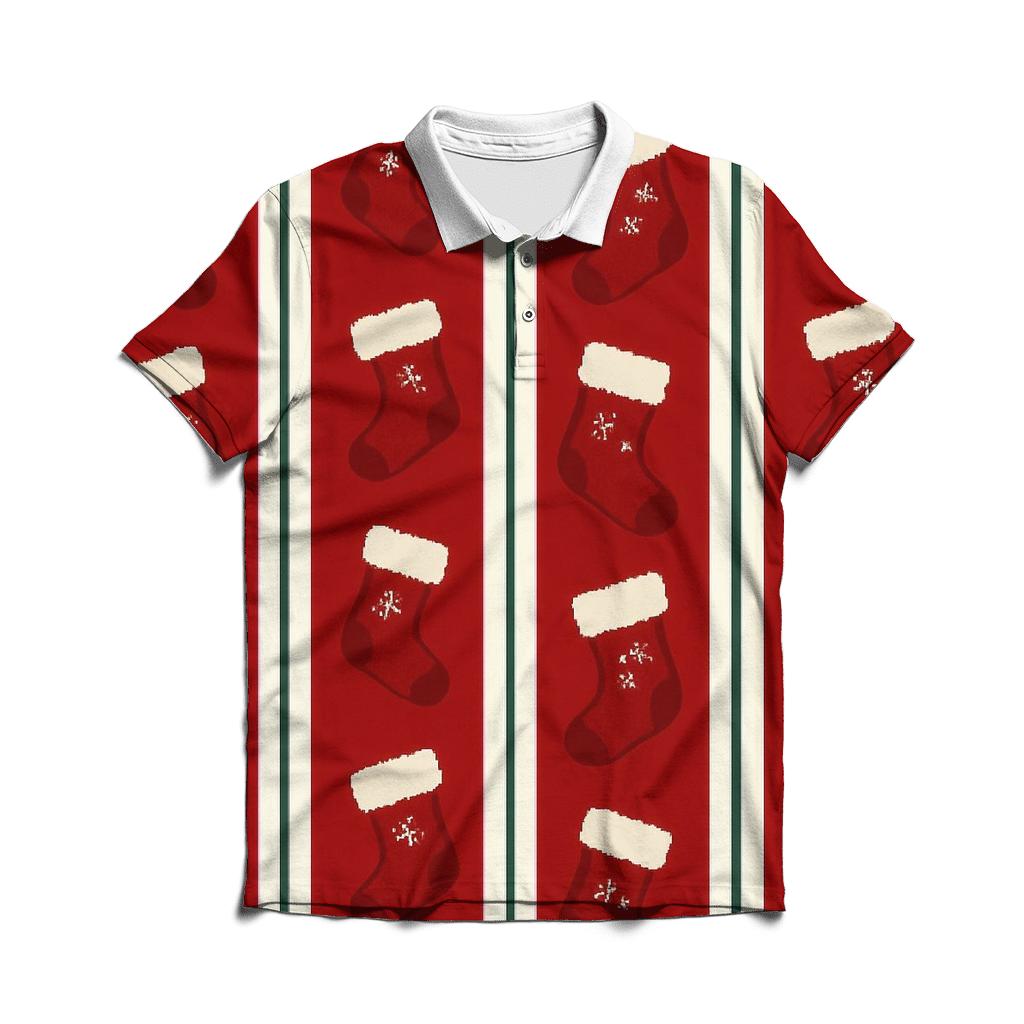 Christmas Stocking Stripe On Classic Red premium cotton polo shirts