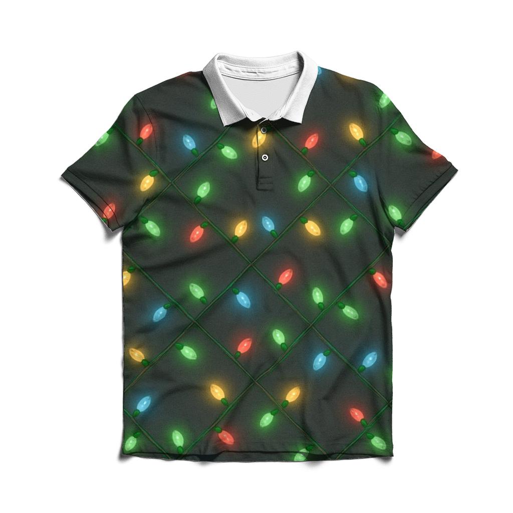 Christmas Light String Grid On Charcoal designer slim fit polos