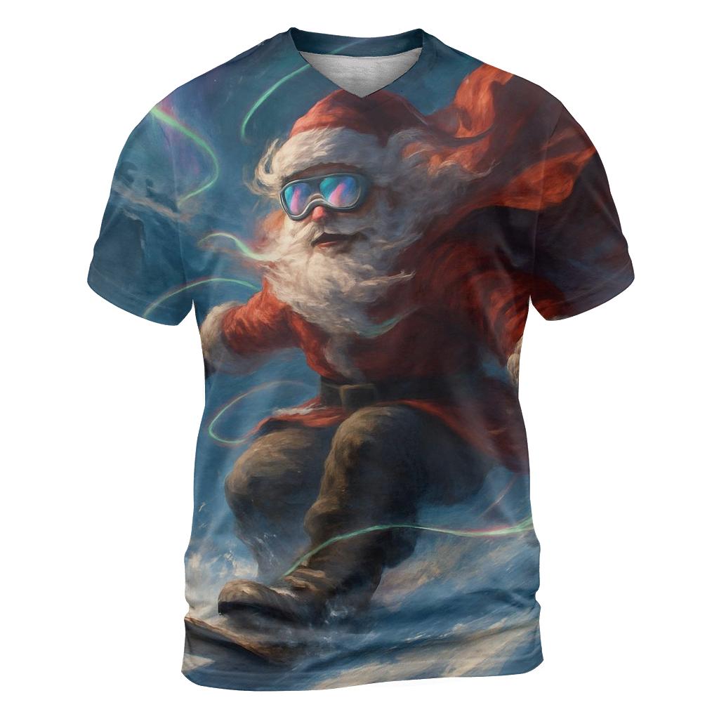 Arctic Aurora Santa Snowboard Rush vibrant all-over design tees