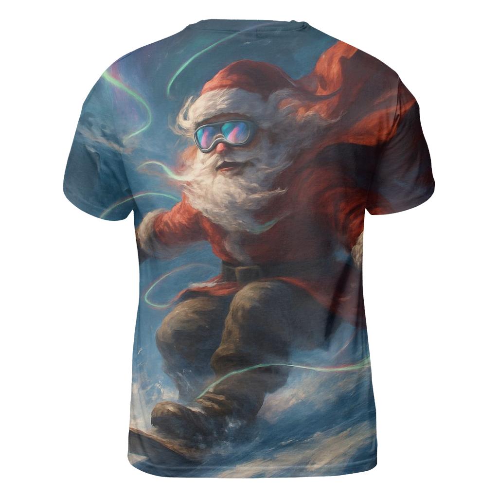 Arctic Aurora Santa Snowboard Rush vibrant all-over design tees