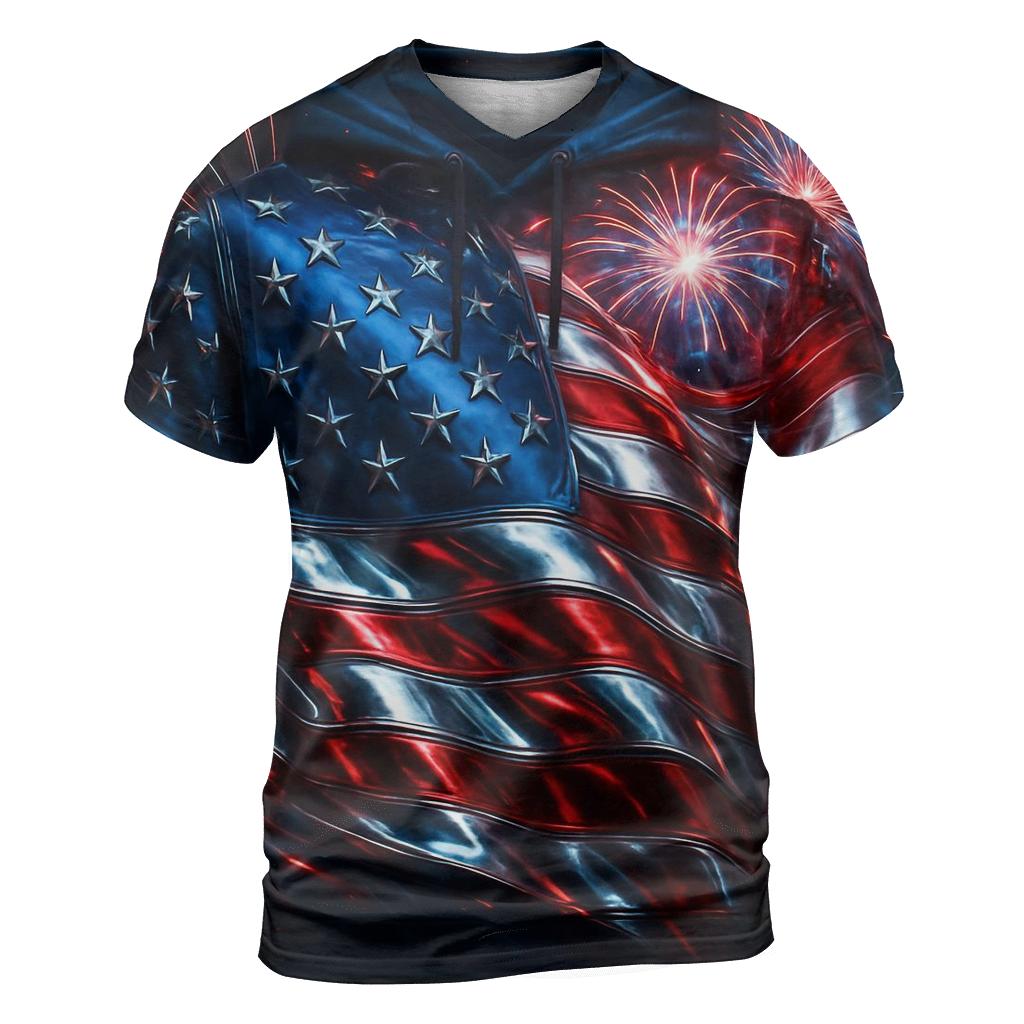 Fireworks Over Waving Chrome Flag statement graphic shirts