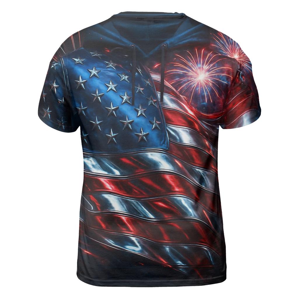 Fireworks Over Waving Chrome Flag statement graphic shirts