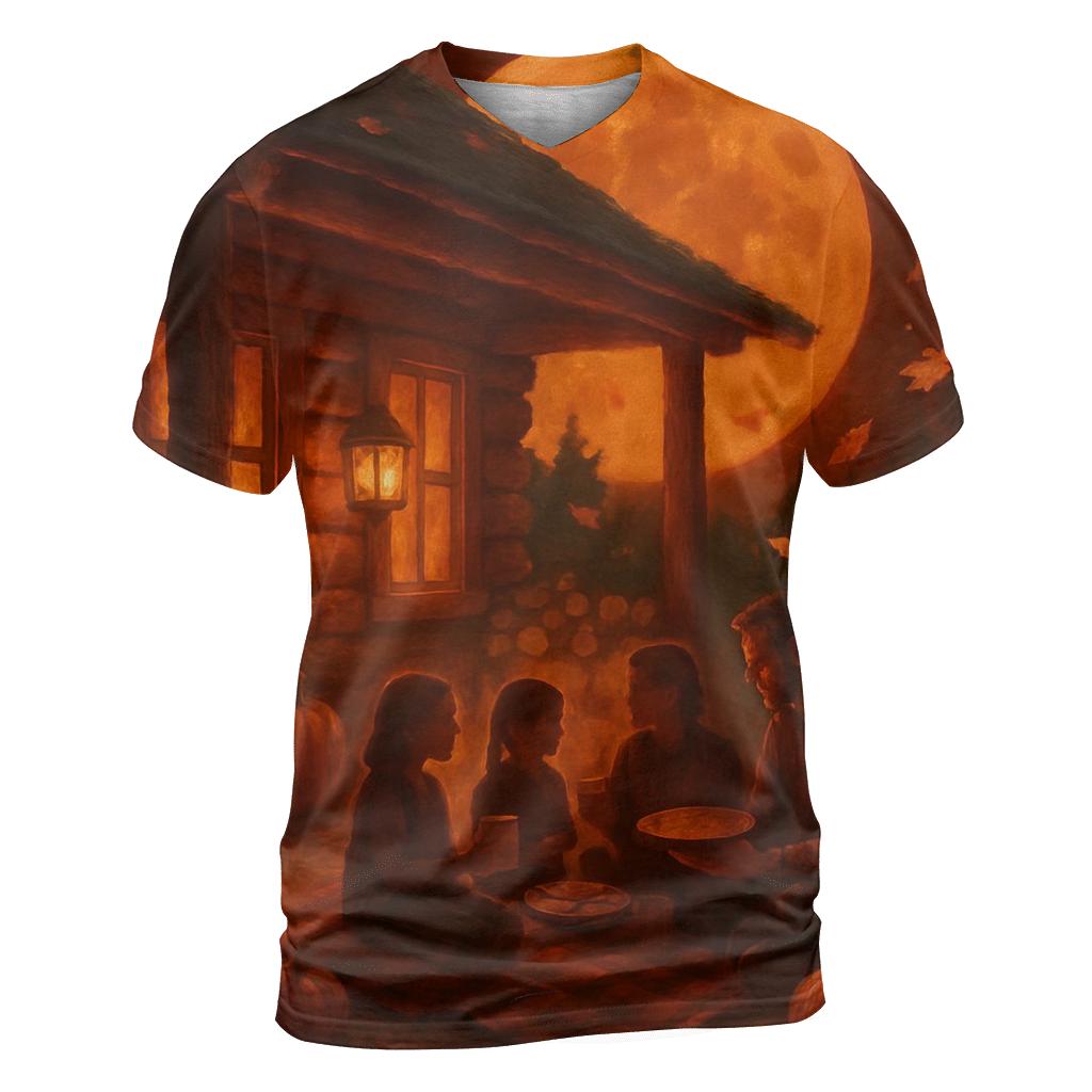 Harvest Moon Cabin Gathering vibrant all-over design tees