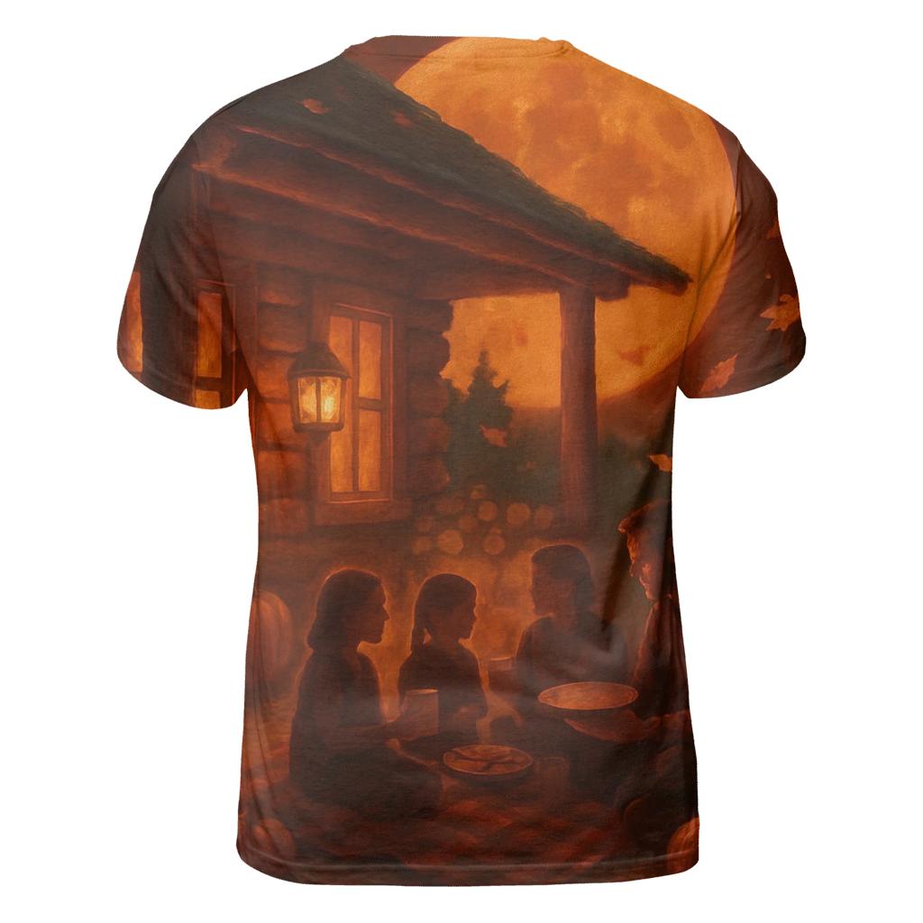 Harvest Moon Cabin Gathering vibrant all-over design tees
