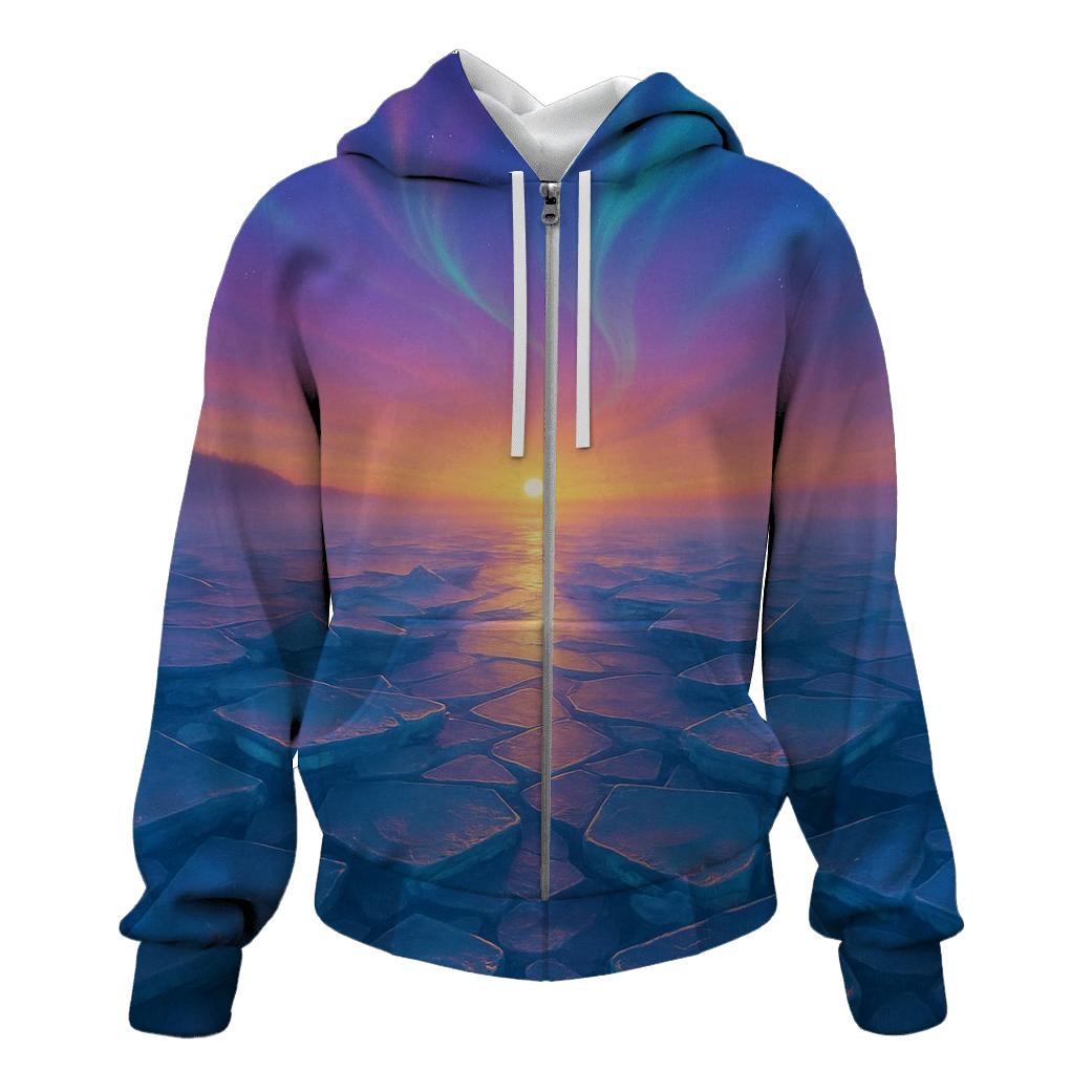 Aurora Sunset Over Frozen Tides zip-up hoodies