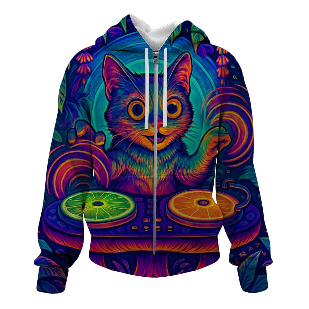 Psychedelic Jungle DJ Cat lightweight hoodies
