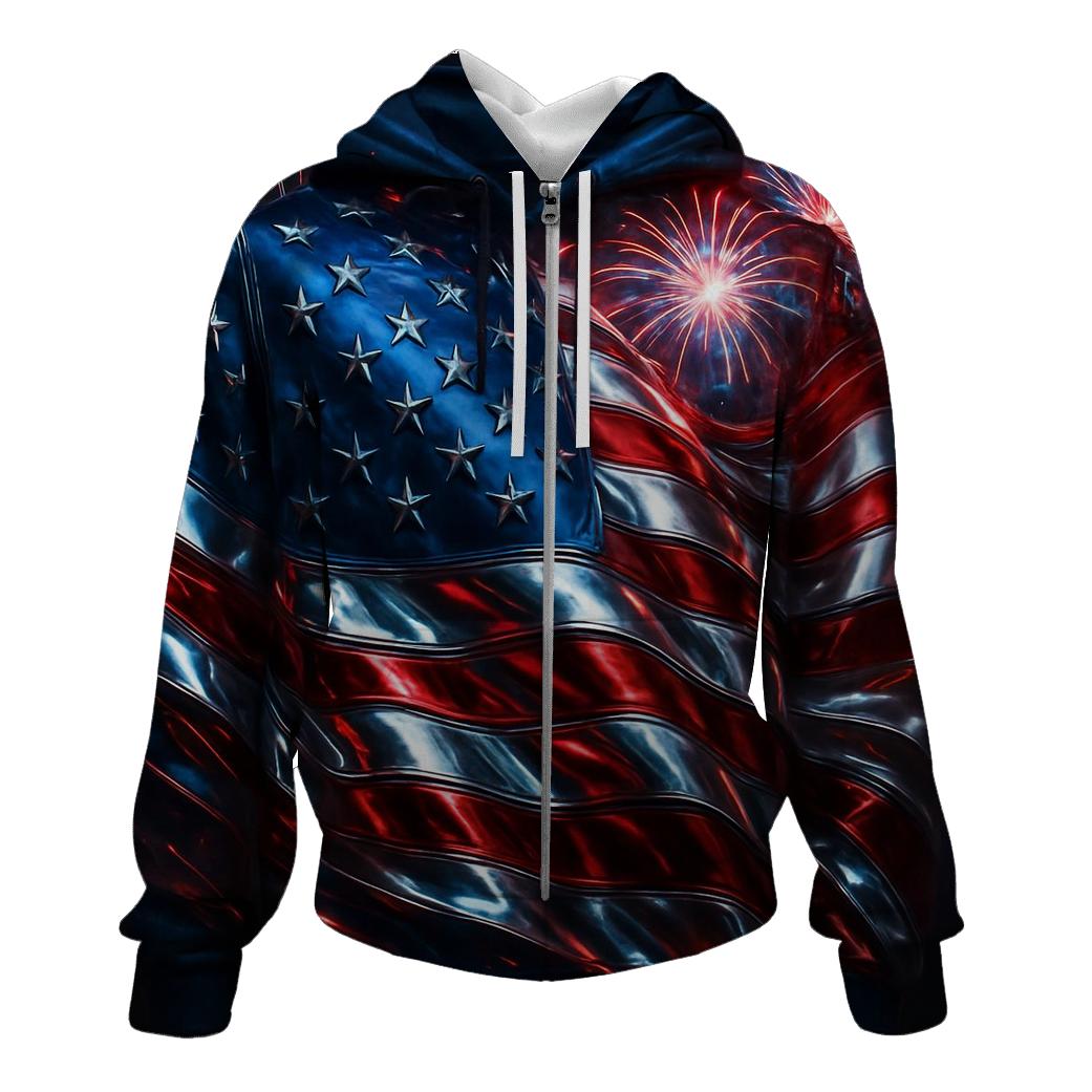 Fireworks Over Waving Chrome Flag embroidered hoodies