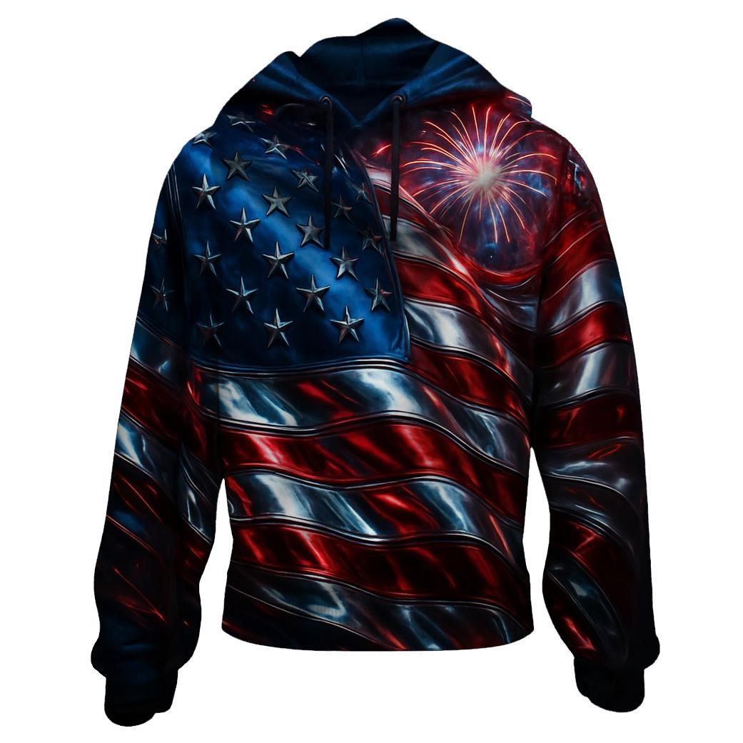 Fireworks Over Waving Chrome Flag embroidered hoodies