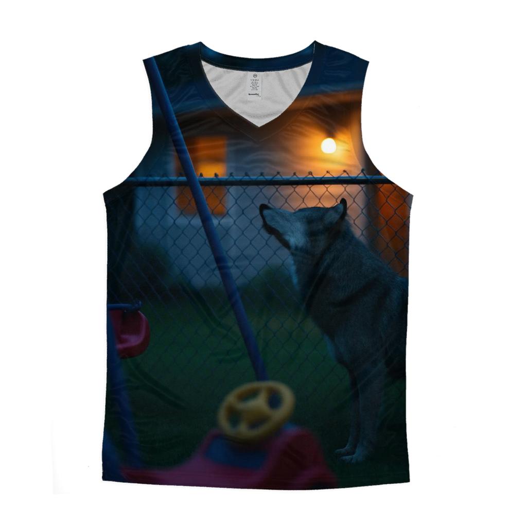 Suburban Edge Wolf At Backyard Fence personalized athletic tanks