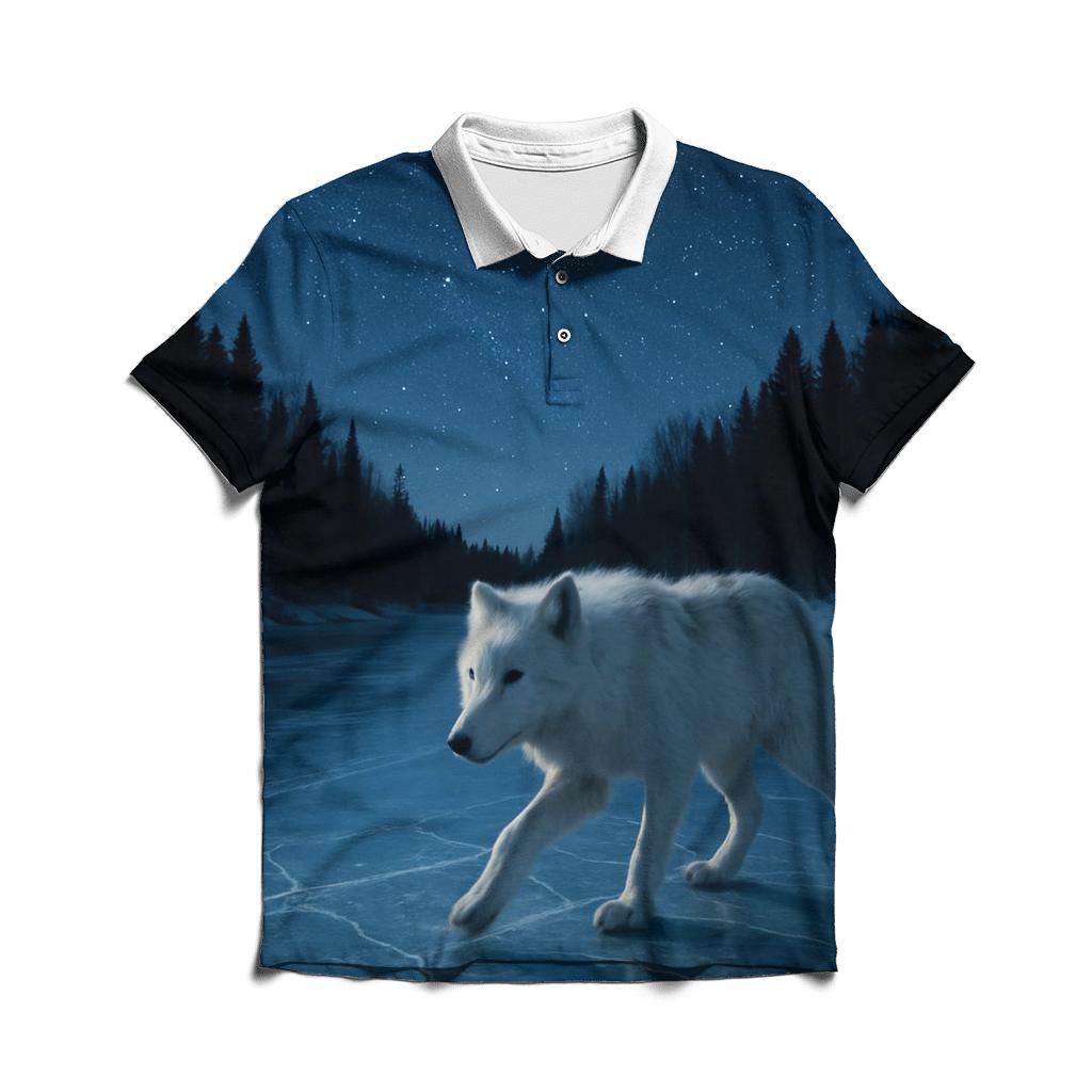 Night Crossing Wolf On Frozen River casual sports polo shirts