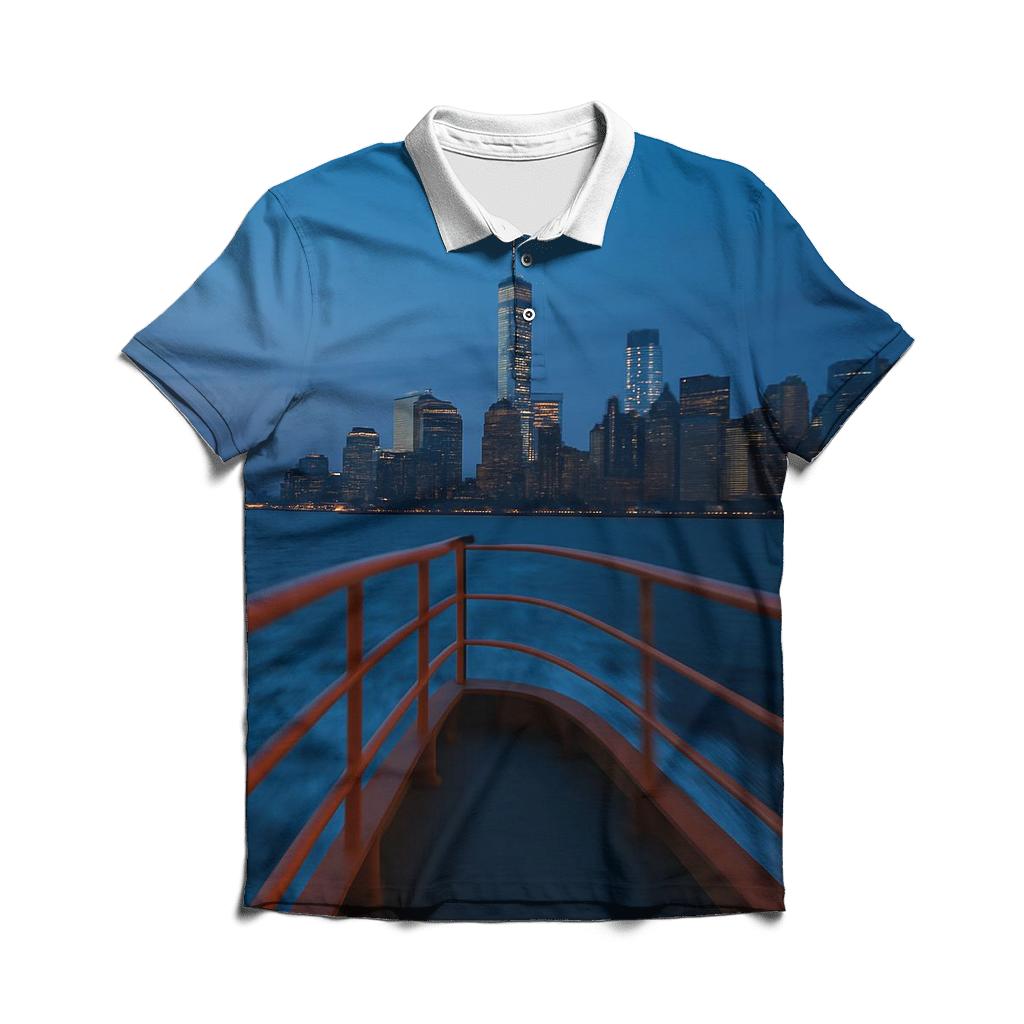 Staten Island Ferry Approach At Blue Hour premium cotton polo shirts