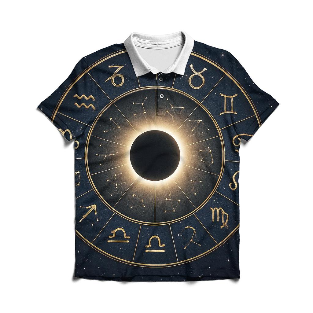 Solar Eclipse Zodiac Wheel Alignment branded logo polo shirts