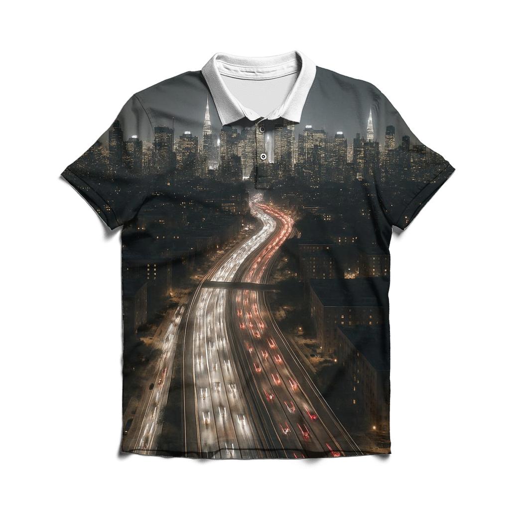 Nighttime Aerial Over The Cross Bronx And Midtown branded logo polo shirts
