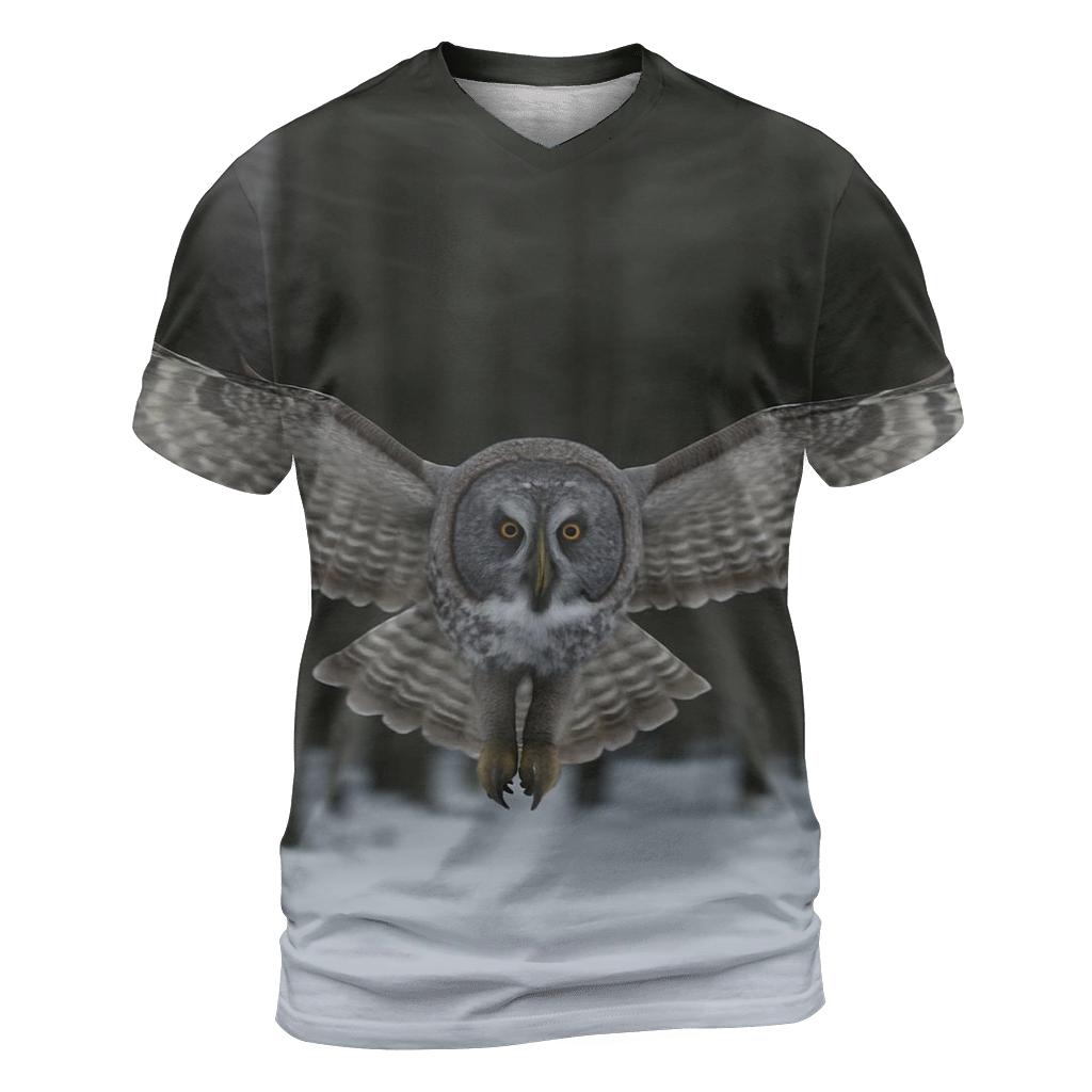 Great Grey Owl Silent Glide vibrant all-over design tees