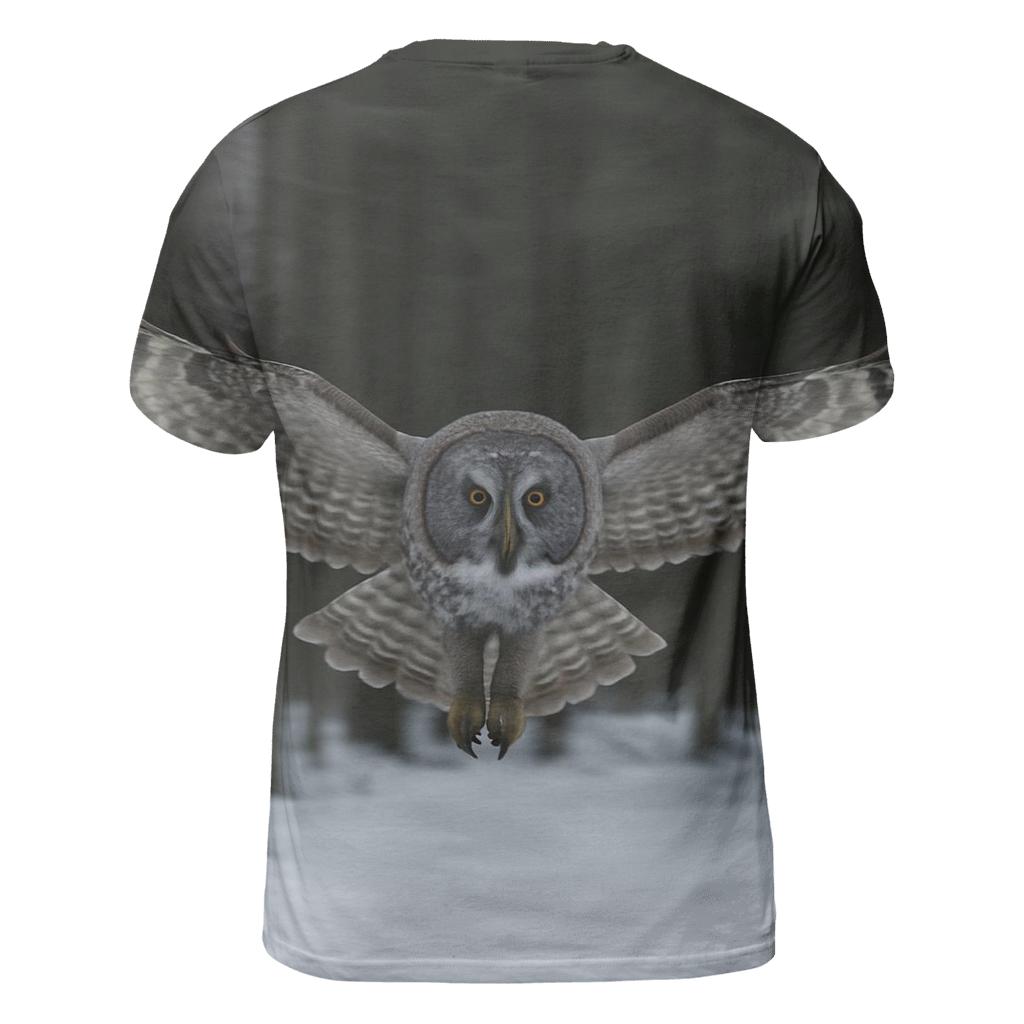 Great Grey Owl Silent Glide vibrant all-over design tees