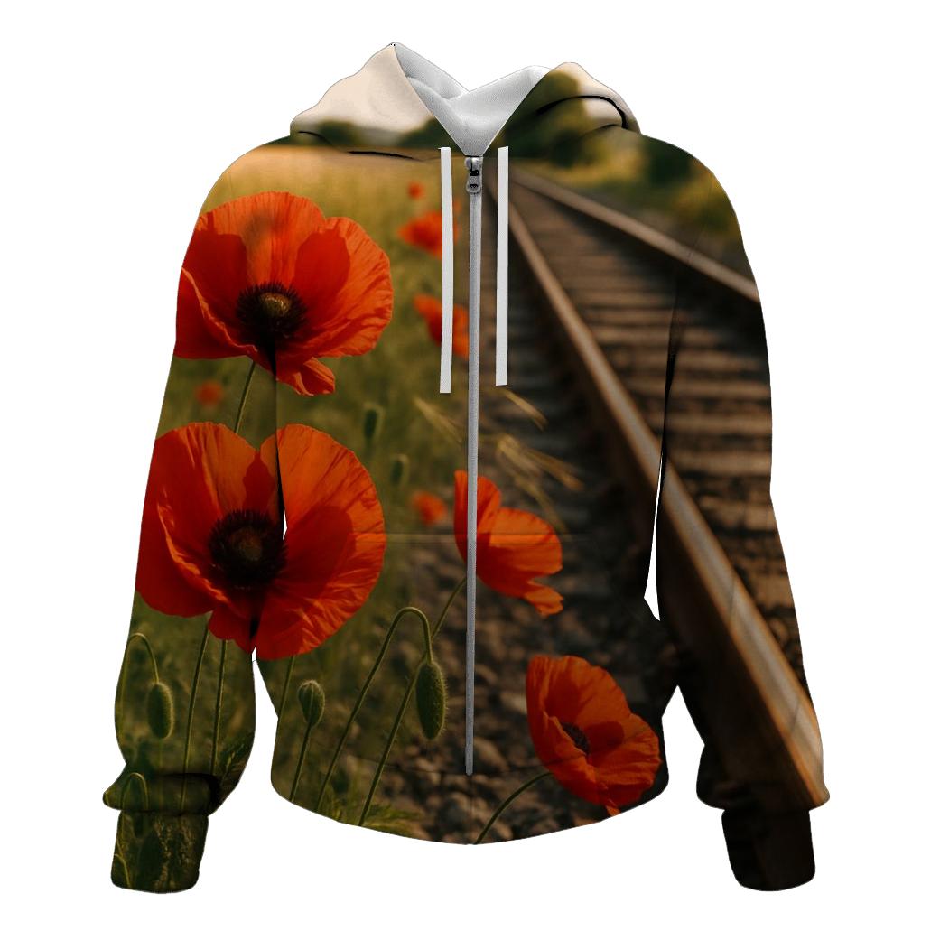 Wild Poppies Along Rural Railway embroidered hoodies