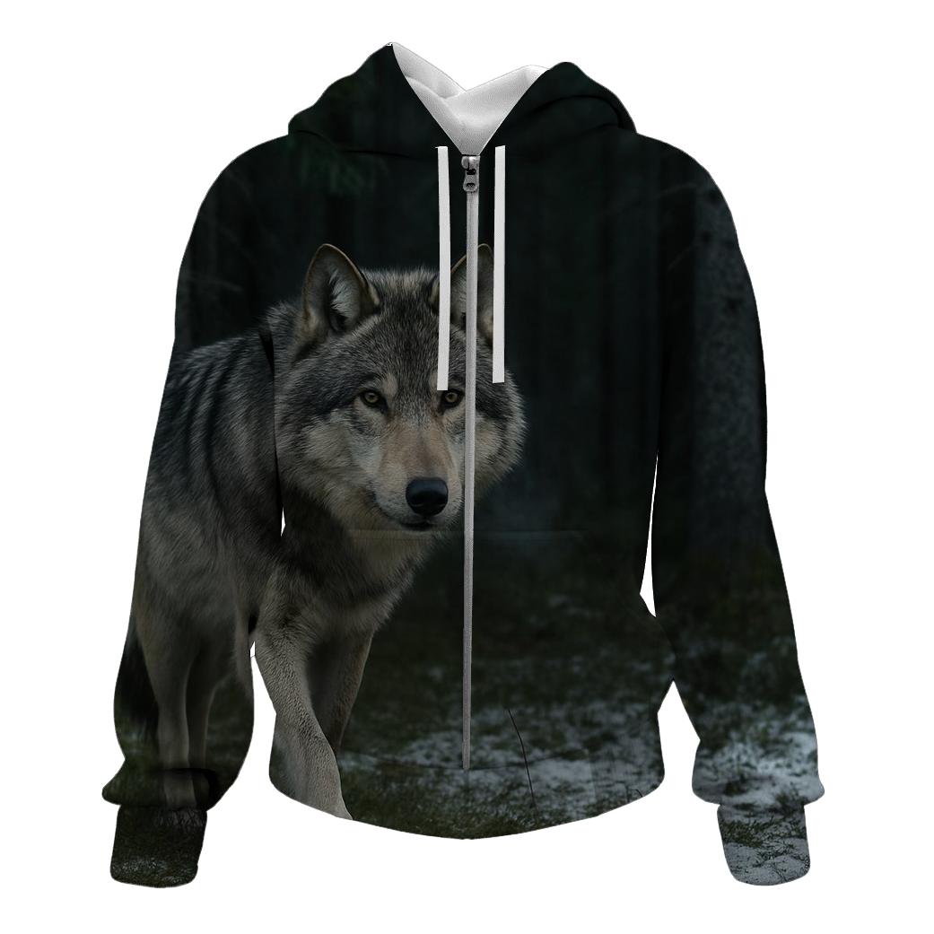 Grey Wolf In Boreal Clearing zip-up hoodies