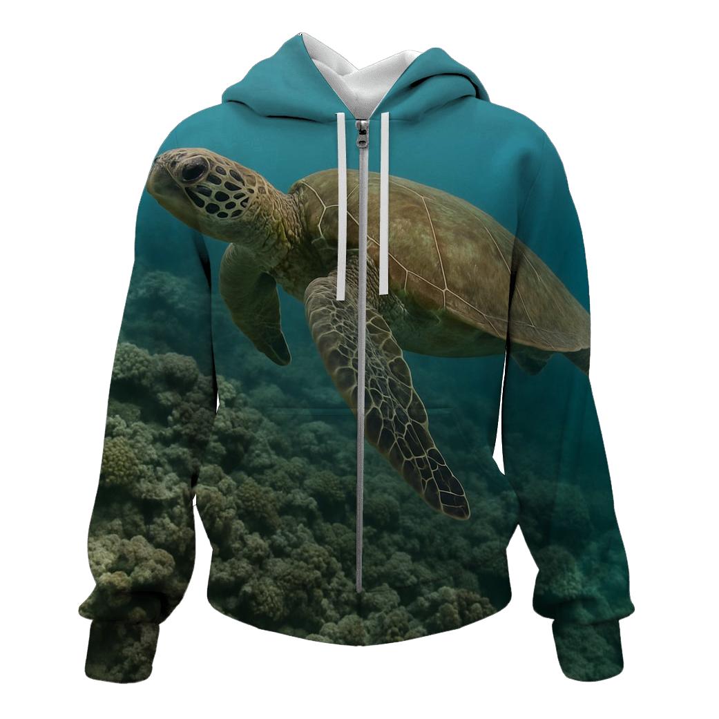 Green Sea Turtle Over Reef printed hoodies