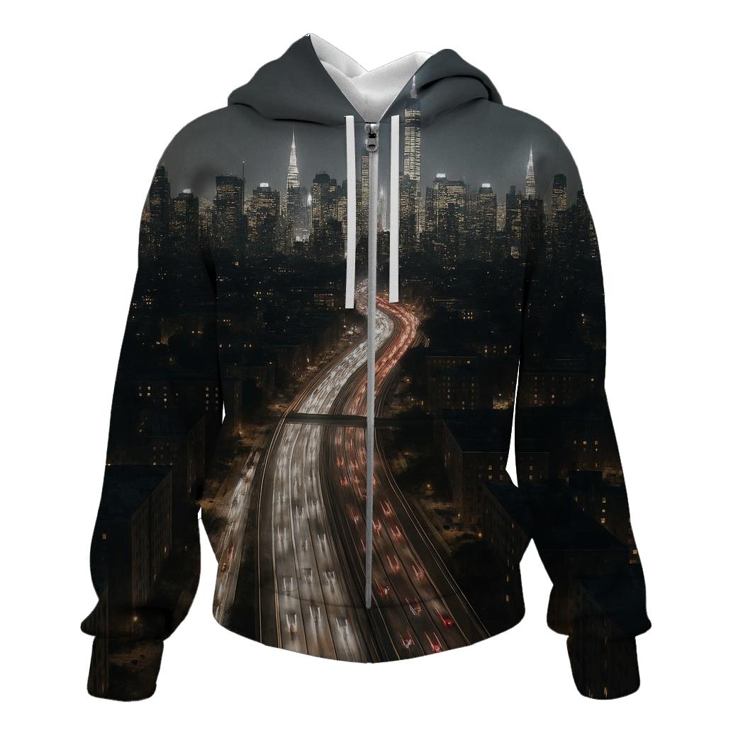 Nighttime Aerial Over The Cross Bronx And Midtown premium hoodies