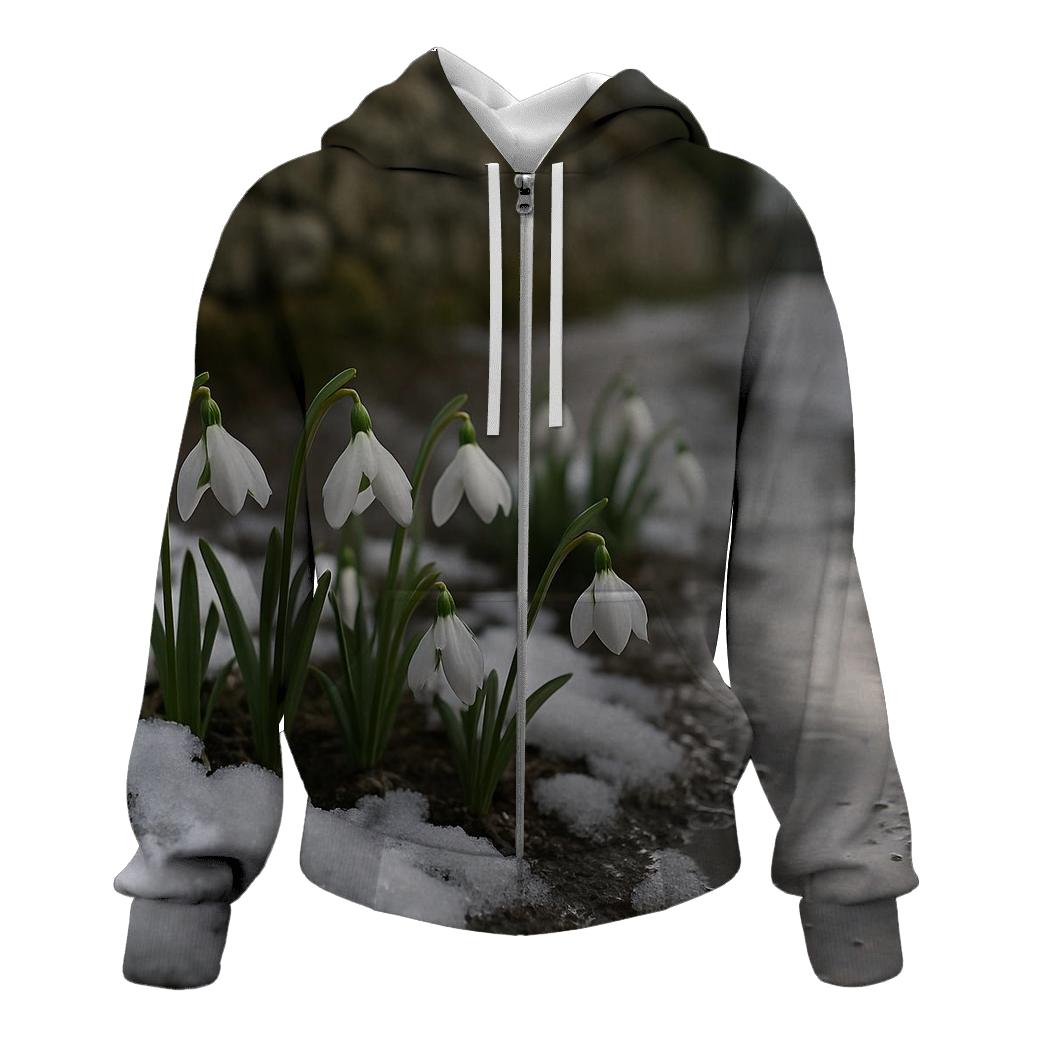 Snow Drops Emerging Beside Melting Path pullover hoodies