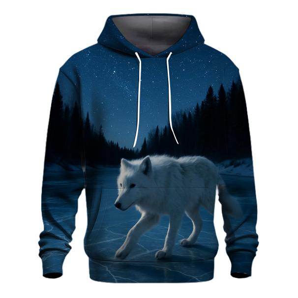 Night Crossing Wolf On Frozen River heavyweight hoodies