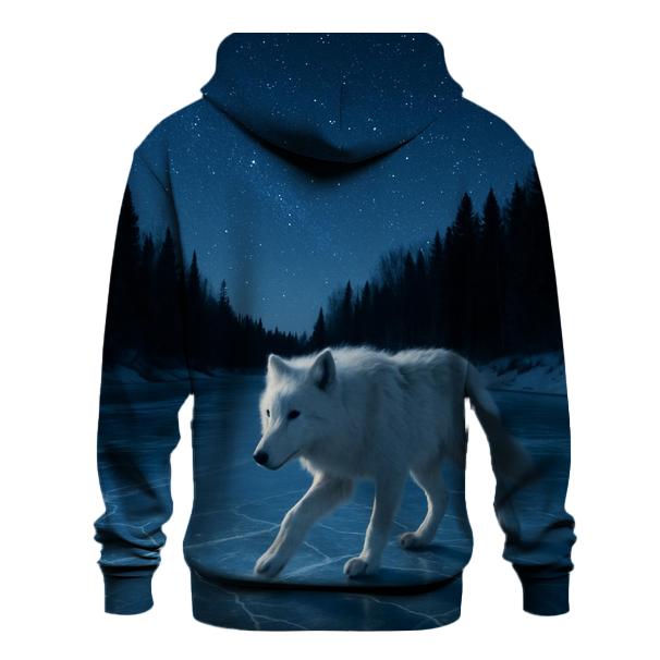 Night Crossing Wolf On Frozen River heavyweight hoodies