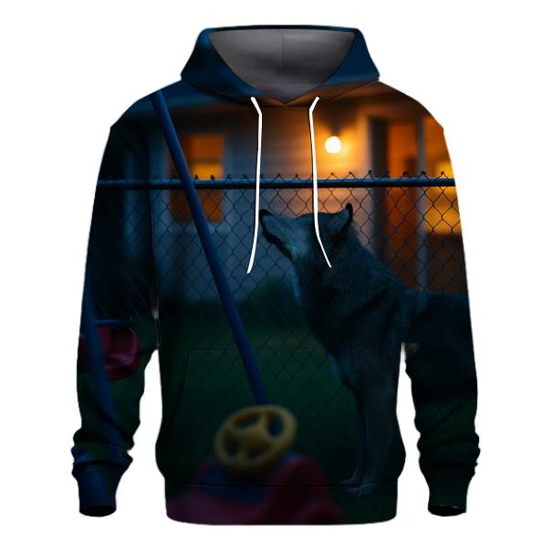 Suburban Edge Wolf At Backyard Fence printed hoodies