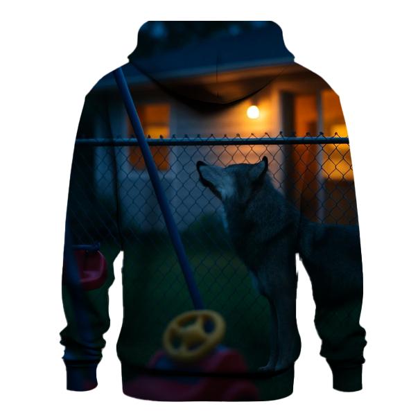 Suburban Edge Wolf At Backyard Fence printed hoodies