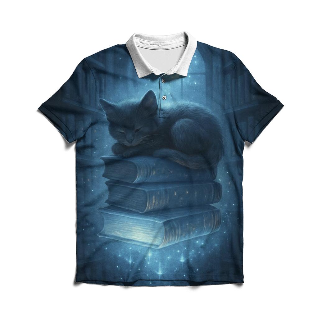 Moonlit Library Cat Nook custom polo shirts
