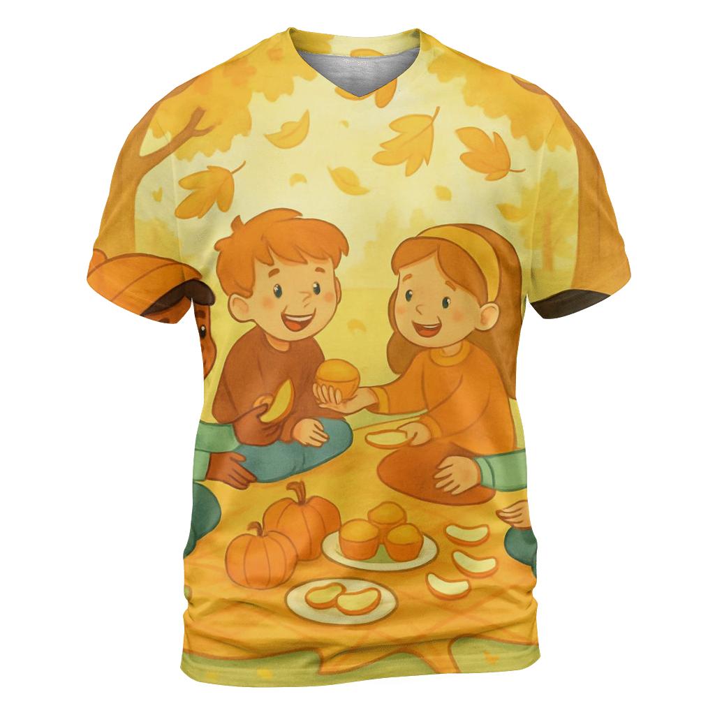 Thankful Kids Leaf Picnic vibrant all-over design tees