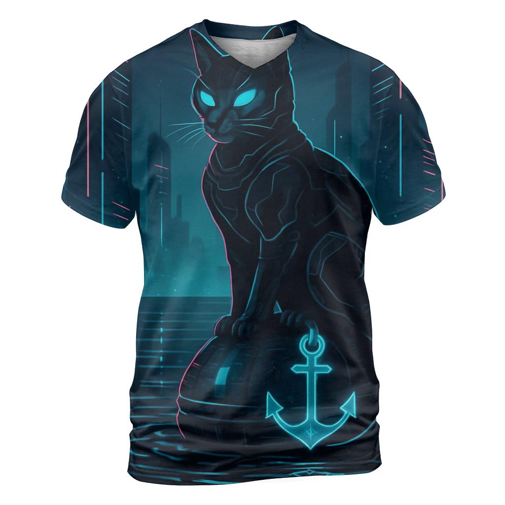 Cyber Harbor Sentinel Cat artistic all-over print tops