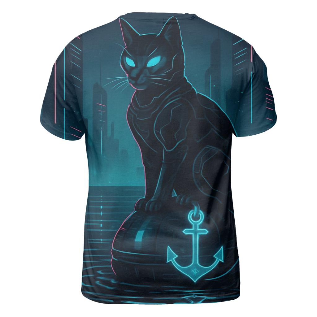 Cyber Harbor Sentinel Cat artistic all-over print tops