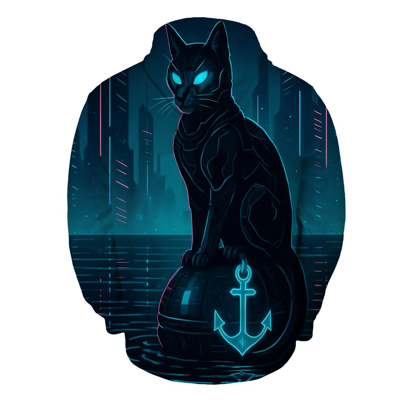 Cyber Harbor Sentinel Cat pullover hoodies