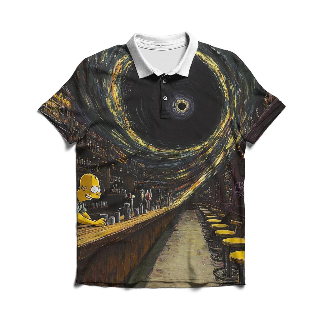 Moes Tavern Black Hole Happy Hour branded logo polo shirts