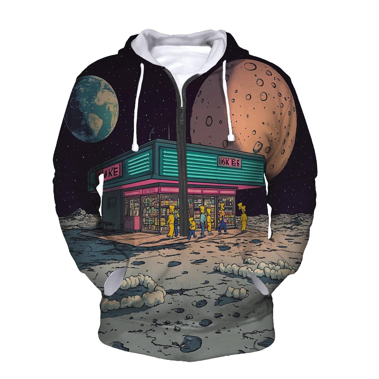 KwikEMart Lunar Outpost graphic hoodies