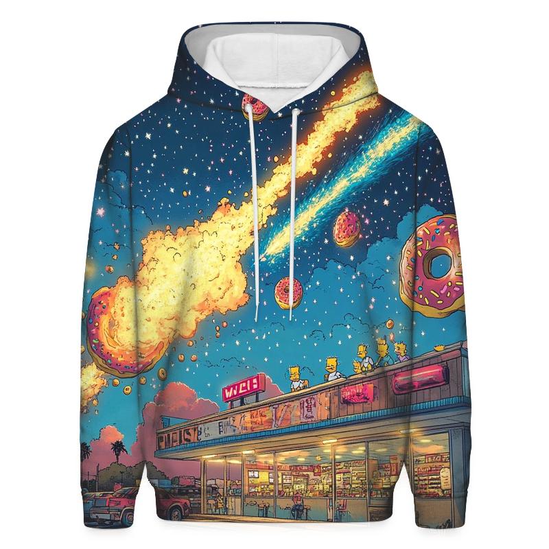 Donut Meteor Shower Over KwikEMart, embroidered hoodies