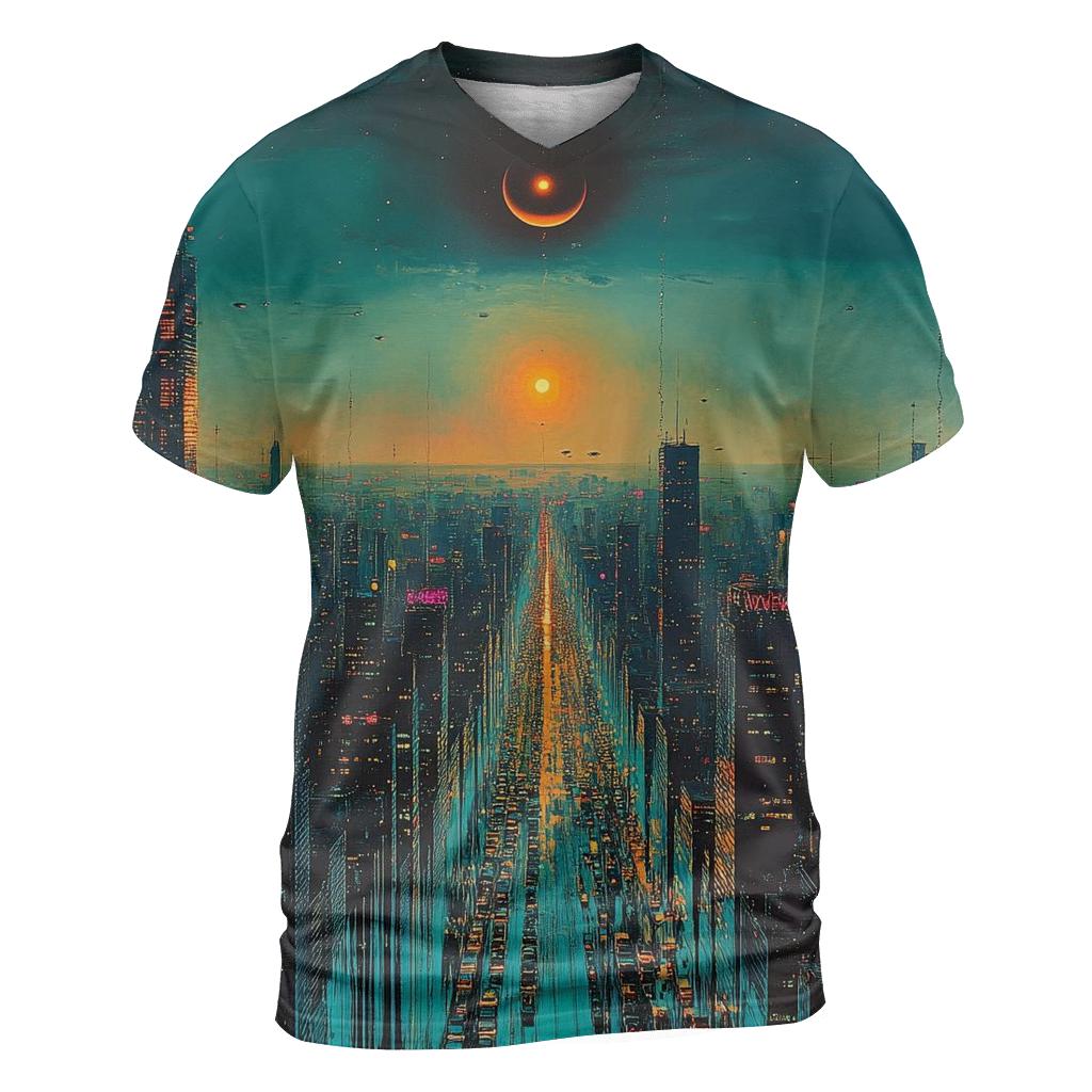 Salvador Dali Inspired Melting Citylights Under Eclipse vibrant all-over design tees