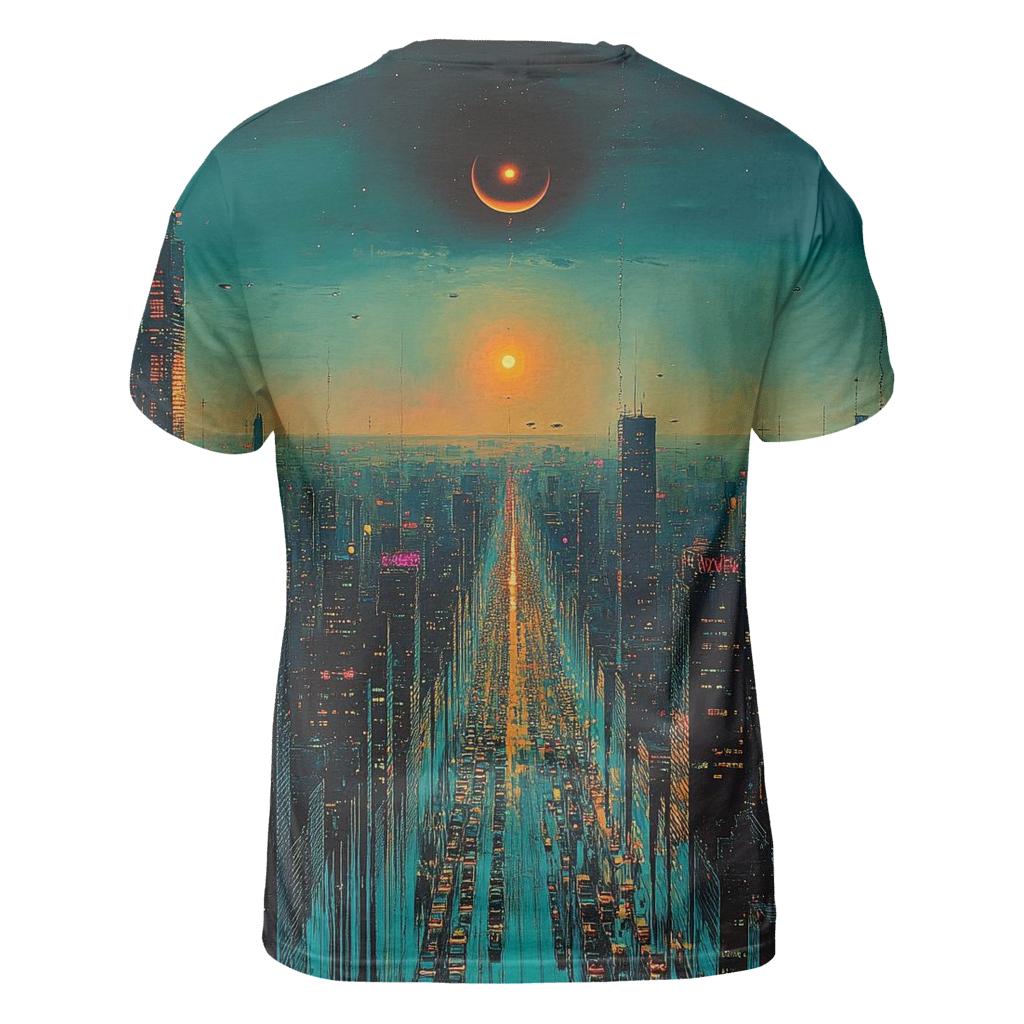 Salvador Dali Inspired Melting Citylights Under Eclipse vibrant all-over design tees