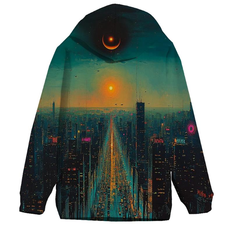 Salvador Dali Inspired Melting Citylights Under Eclipse graphic hoodies
