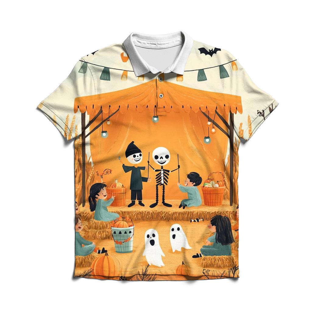 Harvest Stage With Spooky Puppet Show embroidered polo tops