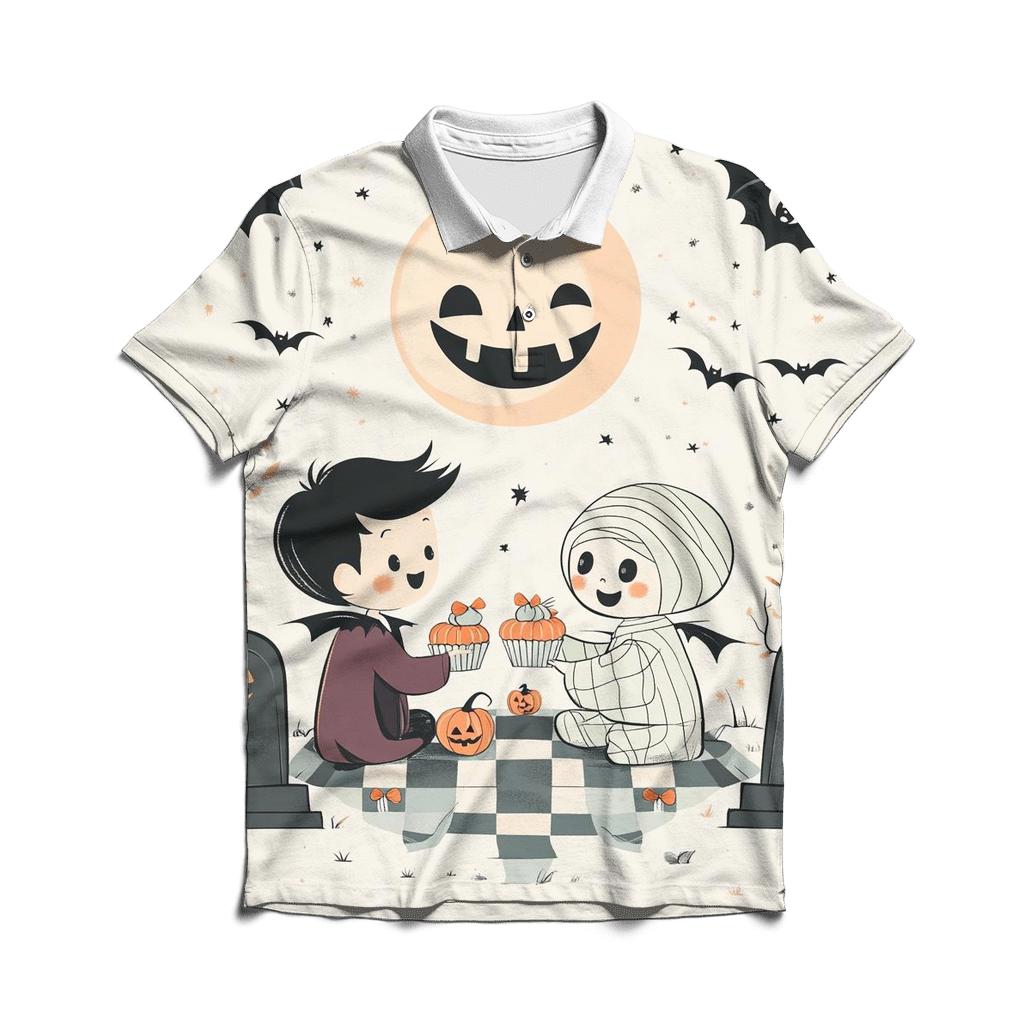 Cemetery Picnic In Halloween Moonlight branded logo polo shirts