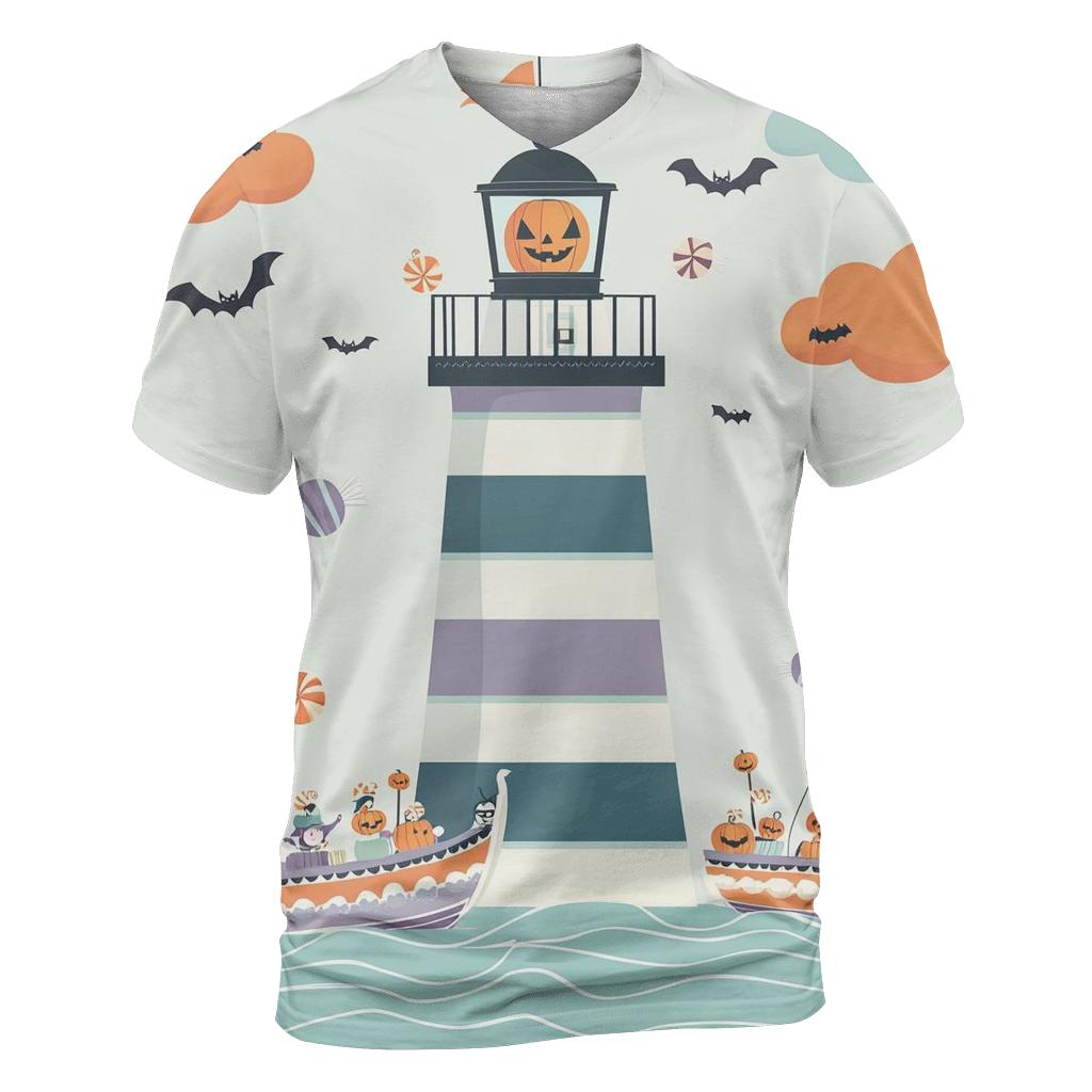 Spooky Lighthouse Guiding Trick Or Treat Boats vibrant all-over design tees