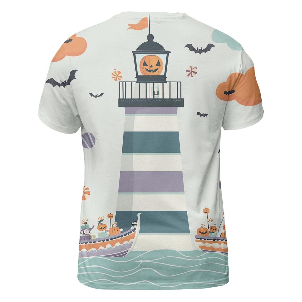 Spooky Lighthouse Guiding Trick Or Treat Boats vibrant all-over design tees