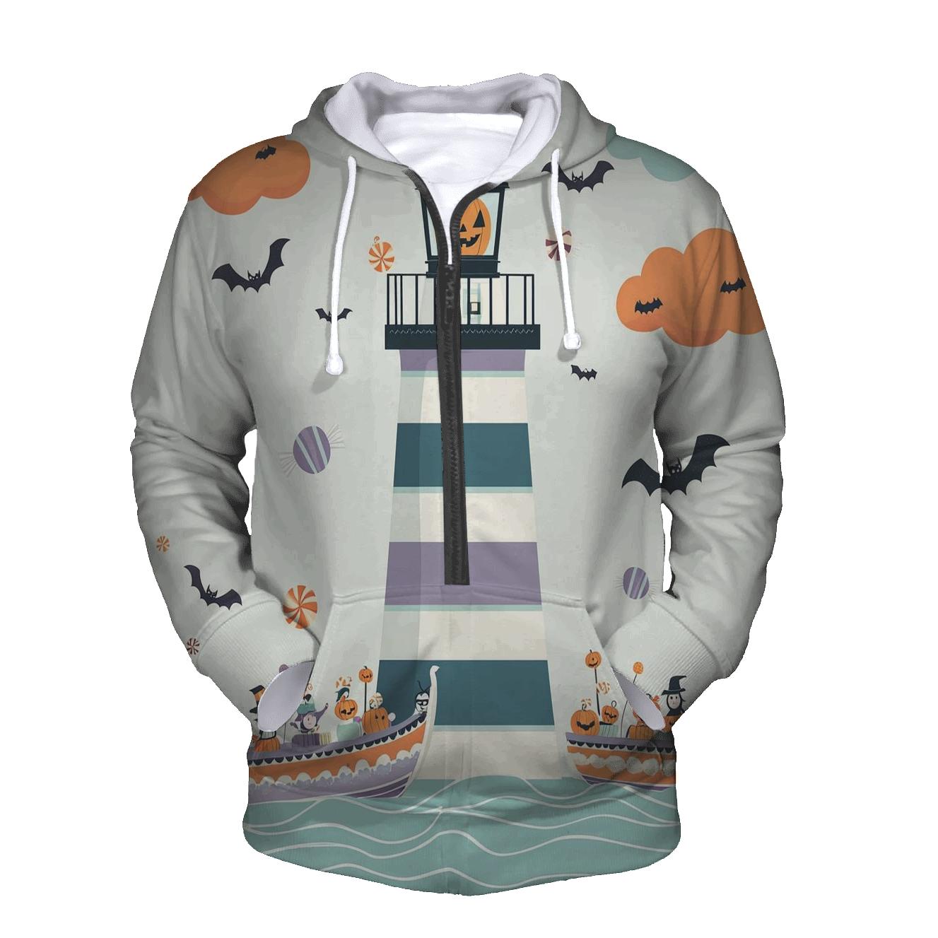 Spooky Lighthouse Guiding Trick Or Treat Boats lightweight hoodies