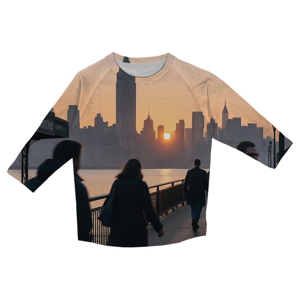 Morning Commute At Hoboken Terminal Skyline Backdrop trendy 3/4 sleeve tops