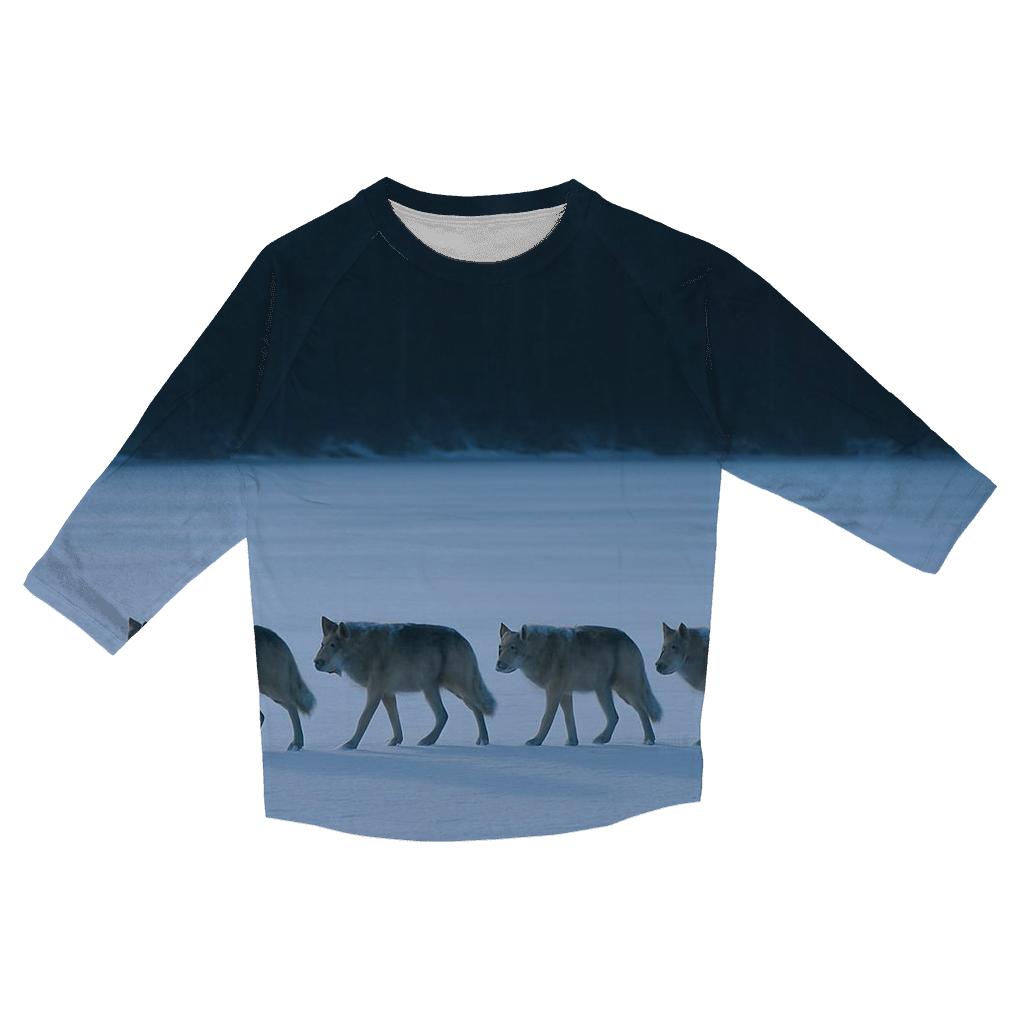 Snow Dusted Wolf Pack On Frozen Lake Crossing trendy 3/4 sleeve tops